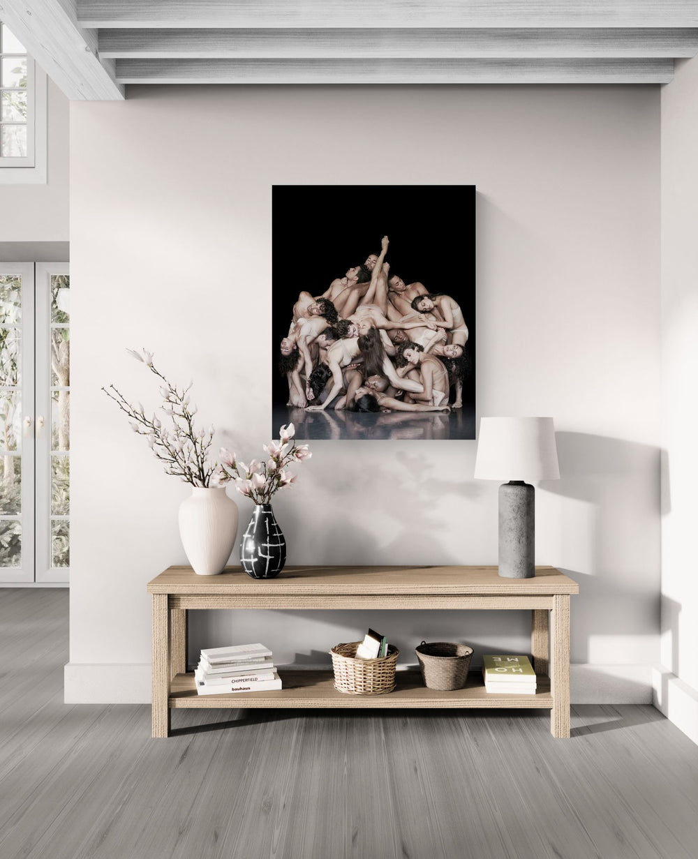 Mock-up showing the Ballet Hispánico print by Nir Arieli from the FLOCKS series displayed above a bed in a contemporary minimalist bedroom interior.