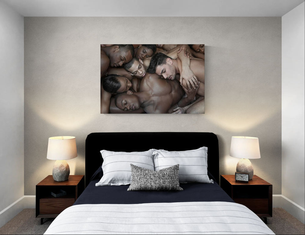 Bedroom interior with Nir Arieli FLOCKS series print Alvin Ailey American Dance Theater II (Close-up) hanging above bed in a contemporary room.