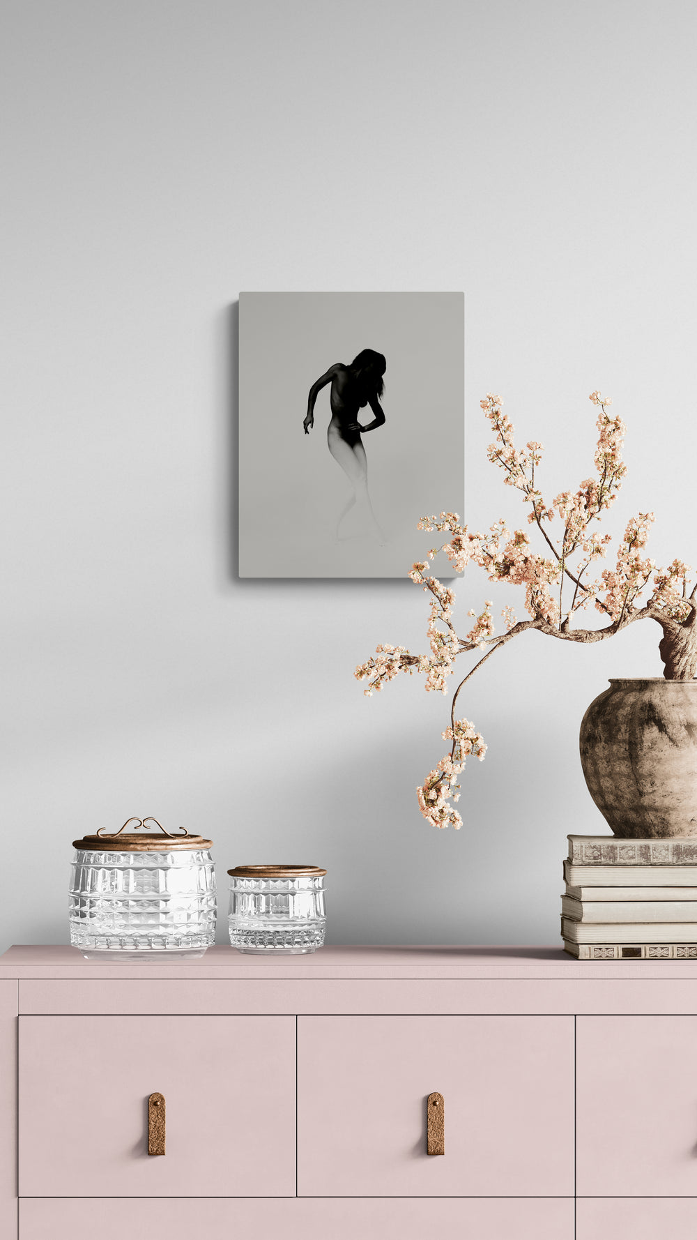 Softened contour and pale ground; framed mock-up for serene, minimalist interiors and timeless black-and-white collections.