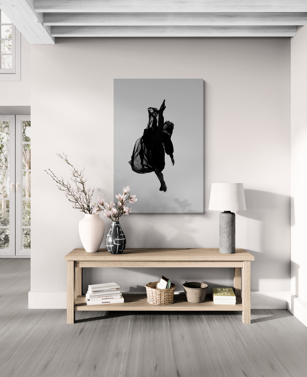 High ascent framed by billowing cloth; museum-grade print styled as wall art for contemporary luxury interiors and curated installations.