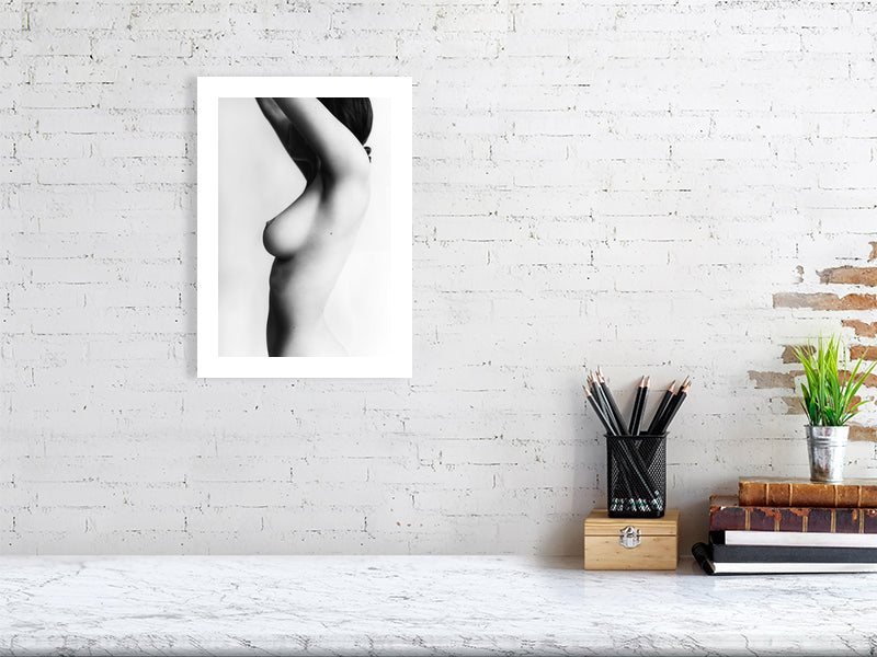 Unframed fine art print of "Side View of Nude Woman", a study in sculptural form and tonal beauty, printed on Hahnemühle paper.