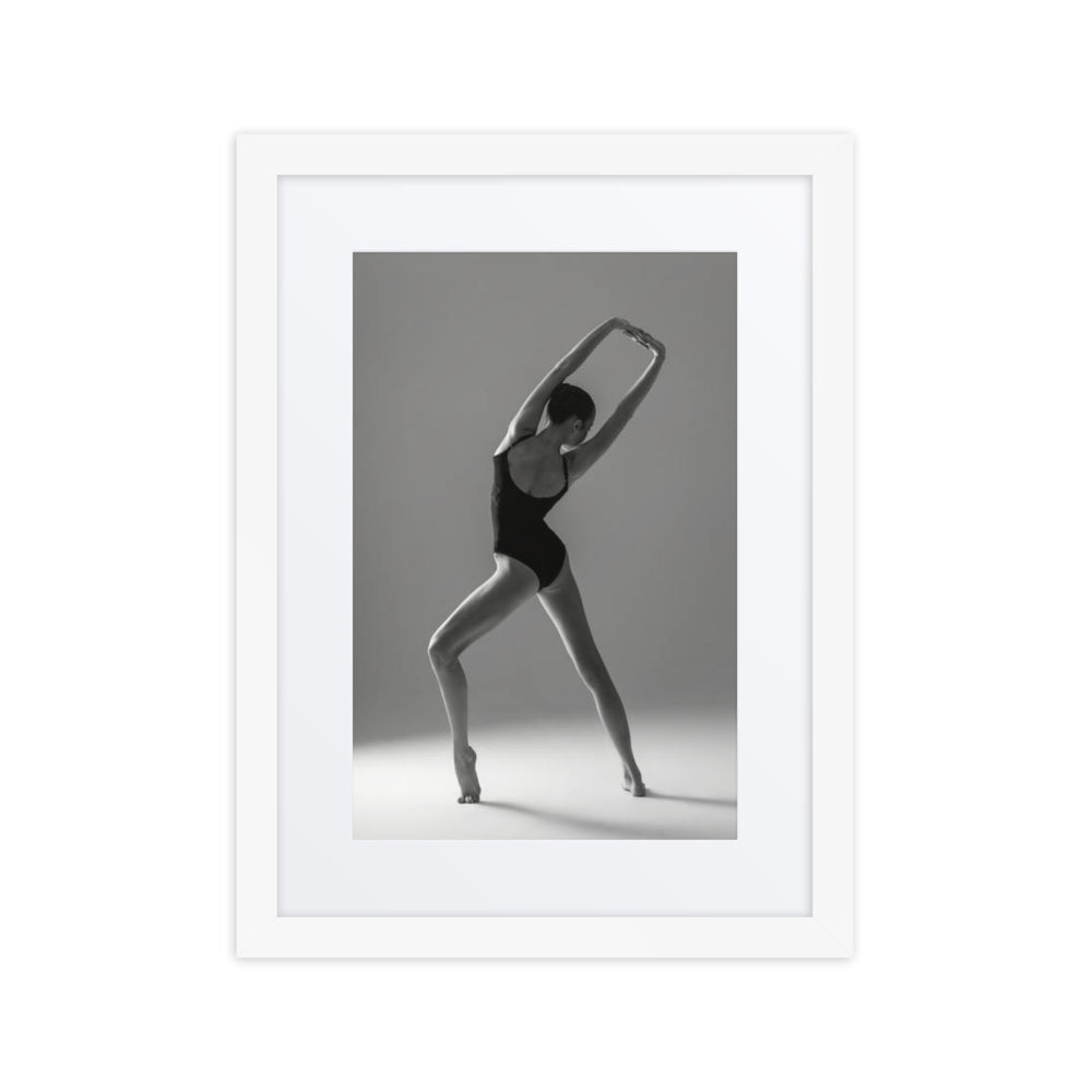Timeless Grace Black and White Dance Framed Poster, dimensions 17.5″ x 21.5″ (44.5 x 54.5 cm), featuring an elegant dancer in a black frame. High-quality archival paper with a crystal-clear acrylic protector for modern interiors.