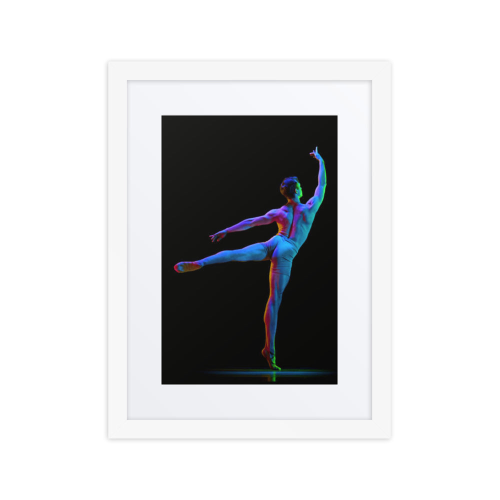 A captivating fine art poster of a male dancer performing a classical arabesque pose illuminated by vibrant fluorescent lighting, blending tradition and modernity.