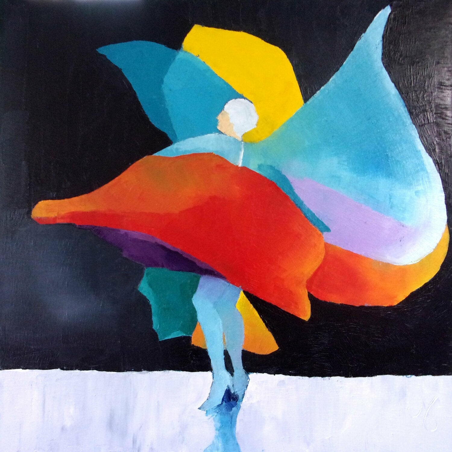Original painting Loïe, the Night (2021) by Corinne Malfreyt, French artist, oil and acrylic on canvas 70×70 cm, inspired by Loïe Fuller’s symbolist dance, Dance Artworks Gallery.