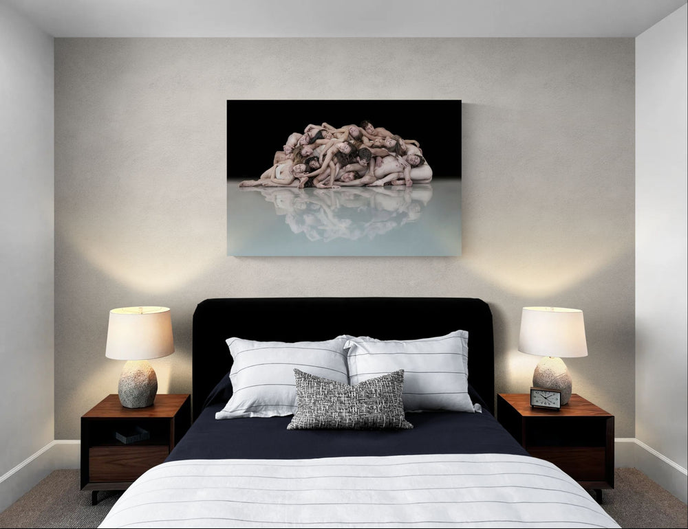 Interior mockup with “Nederlands Dans Theater 2” by Nir Arieli hanging above a contemporary double bed, limited edition dance photography print used as wall art in a modern bedroom.