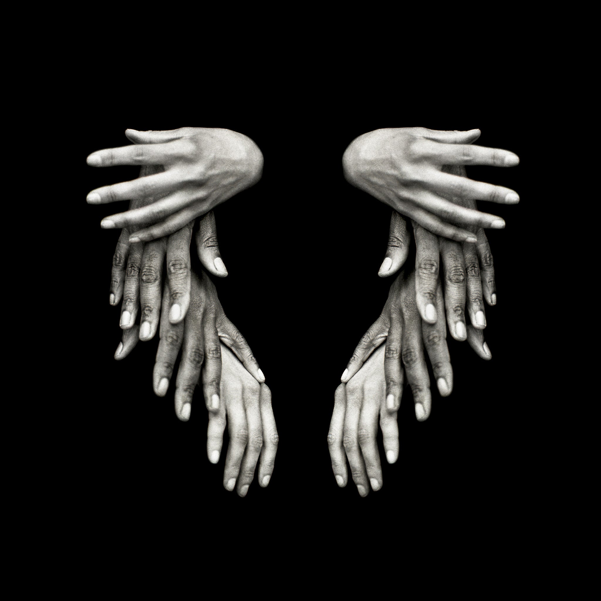 8 hands, mirroring, symmetry, black and white, black background, art print.