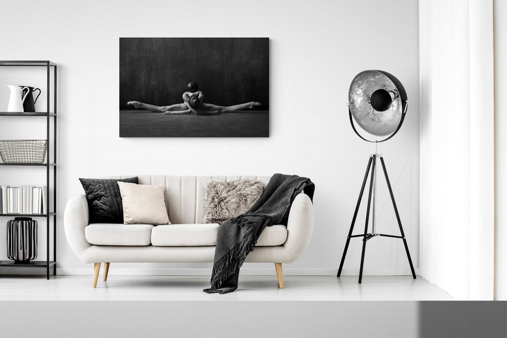 Rhythmic gymnastic, stretching on the floor, split, meditation, harmony, black gymnastics ball 'resting' on her back. Art print on the living room modern wall.