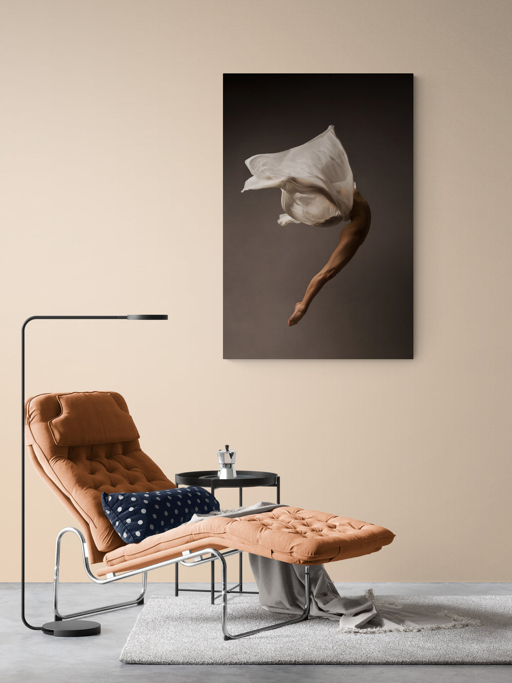 Artwork on the living room wall, relaxing, meditative. Ballerina, jump, body arch, flower. Photo print studio, in colors, nude bodysuit.