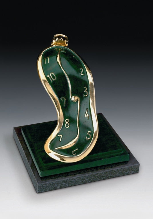 Salvador Dalí Dance of Time bronze clock sculpture – surreal melting clock with fluid design, symbolizing time and movement, available at Dance Artworks Gallery.