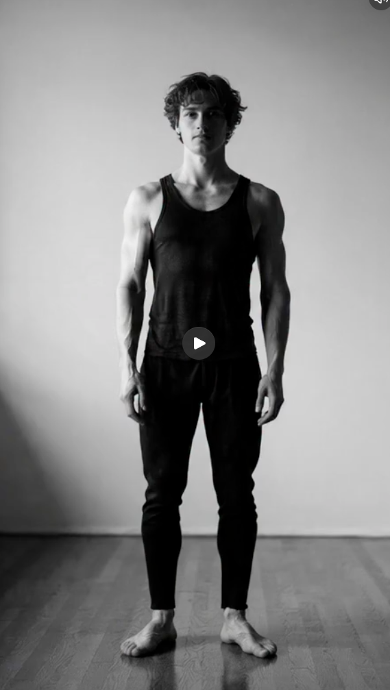Black and white studio portrait of a contemporary dancer, used for Dance Artworks Gallery’s “Dance & AI 2025 Annual Review” on embodied authenticity. Image made with Meta-AI