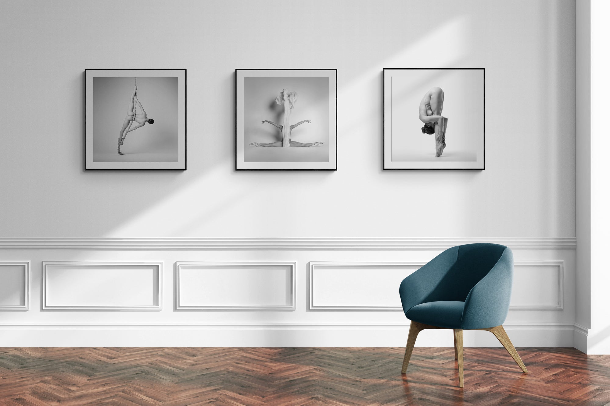 Dance triptych by Arcadius Branicki showing three sculptural dance poses in black-and-white, displayed on a gallery wall.