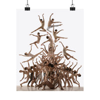 Dancers arranged in a pyramid formation on a white background