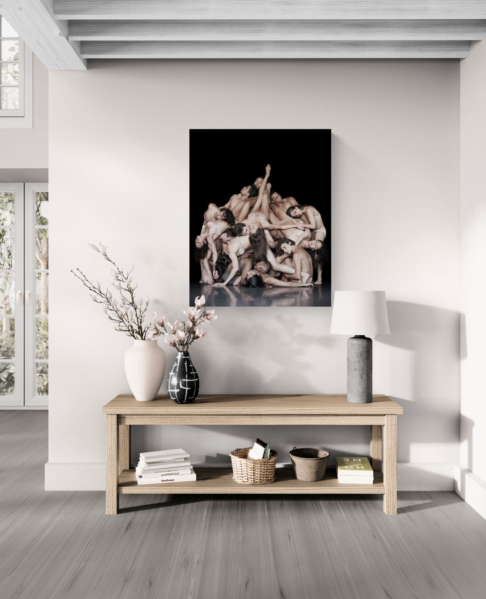 Mock-up showing the Ballet Hispánico print by Nir Arieli from the FLOCKS series displayed above a bed in a contemporary minimalist bedroom interior.