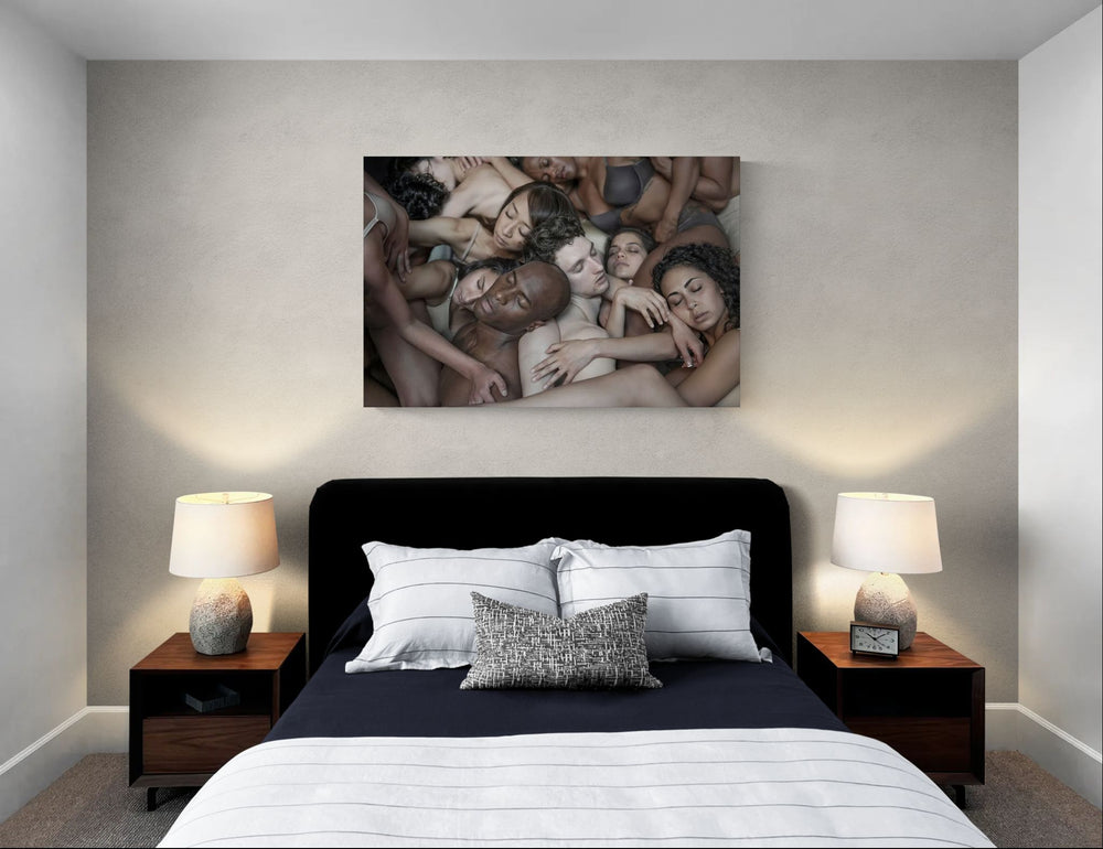 Ballet Hispanico close-up by Nir Arieli displayed above bed in contemporary bedroom interior, limited edition dance photography print.