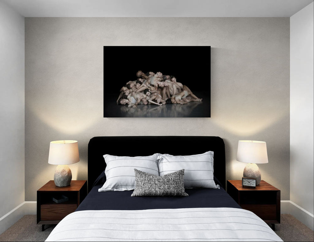 Batsheva Dance Company print by Nir Arieli displayed above a modern bed in a contemporary interior, FLOCKS series limited edition fine art photograph.