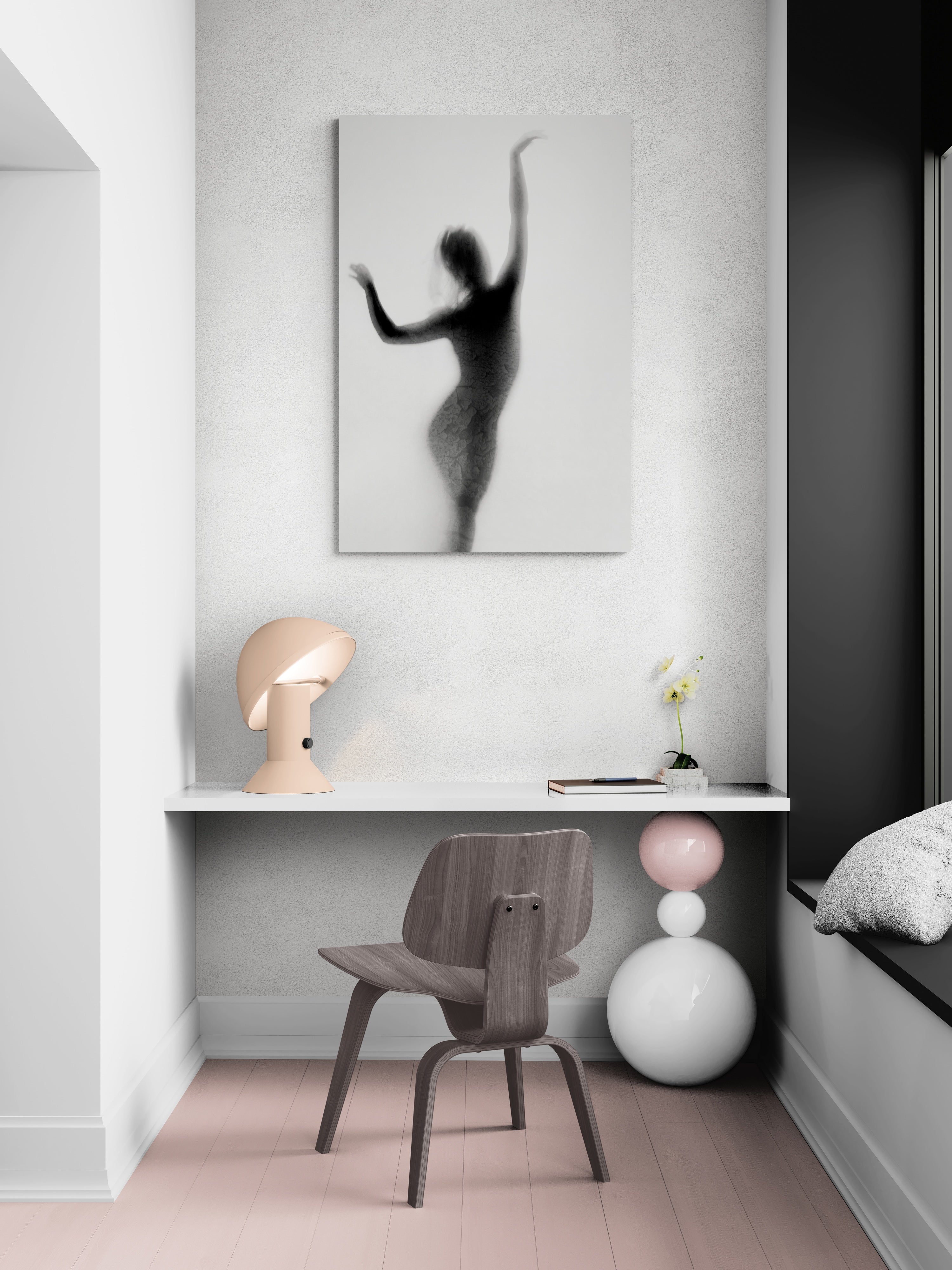 Back-lit dance silhouette with raised arms, Silhouette #2 by Cédric Brion, presented as a 90 × 60 cm fine art print on aluminium Dibond, styled in a light, contemporary workspace.