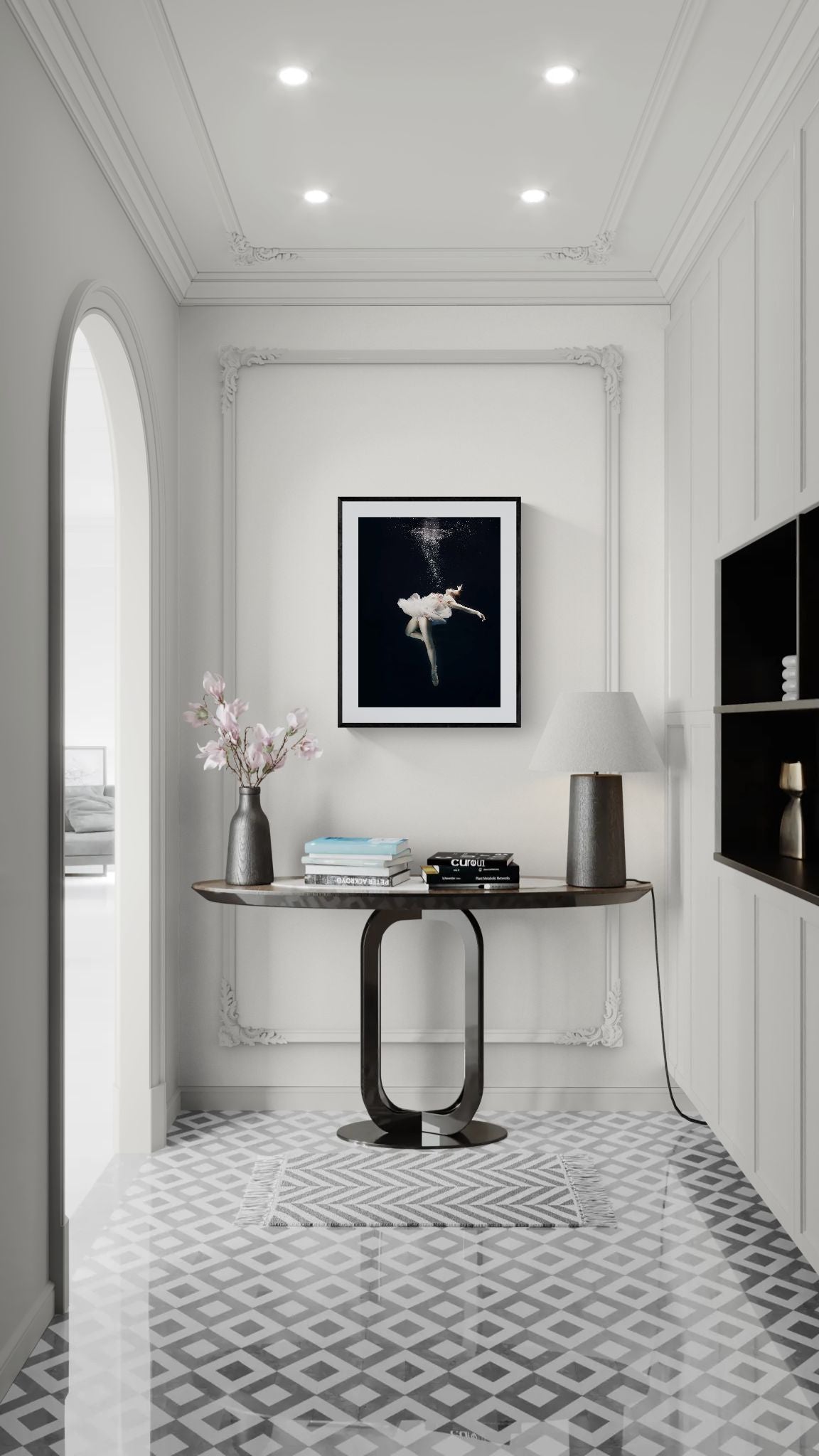 Framed fine art print Ethereal Descent displayed above a modern console table in a classic white hallway interior.