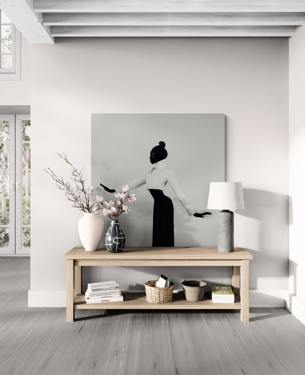 Typographic arm line captured in black and white; mock-up for premium interiors, editorial spaces, and contemporary art collections.