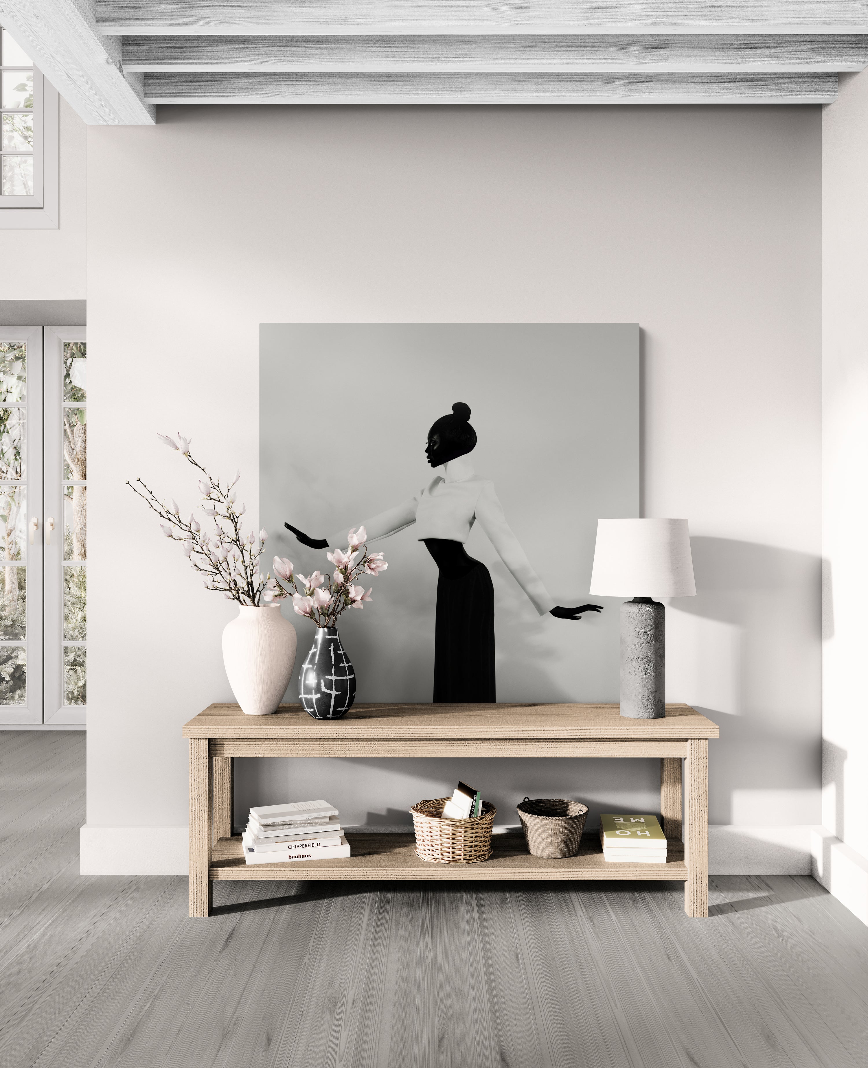 Typographic arm line captured in black and white; mock-up for premium interiors, editorial spaces, and contemporary art collections.