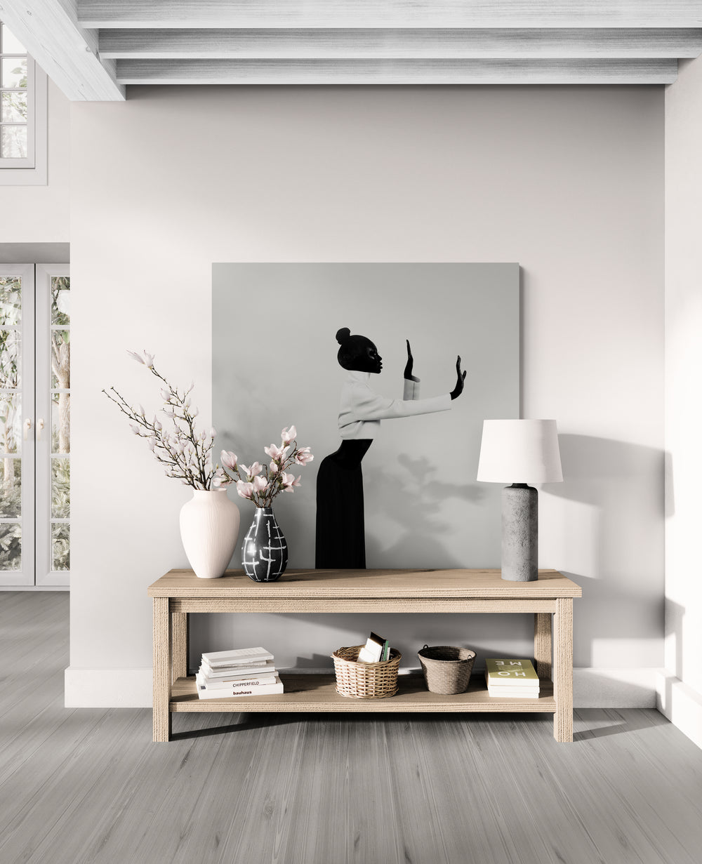 Profile silhouette with wrist and elbow phrasing; archival monochrome print presented as collectible wall art for luxury interiors.