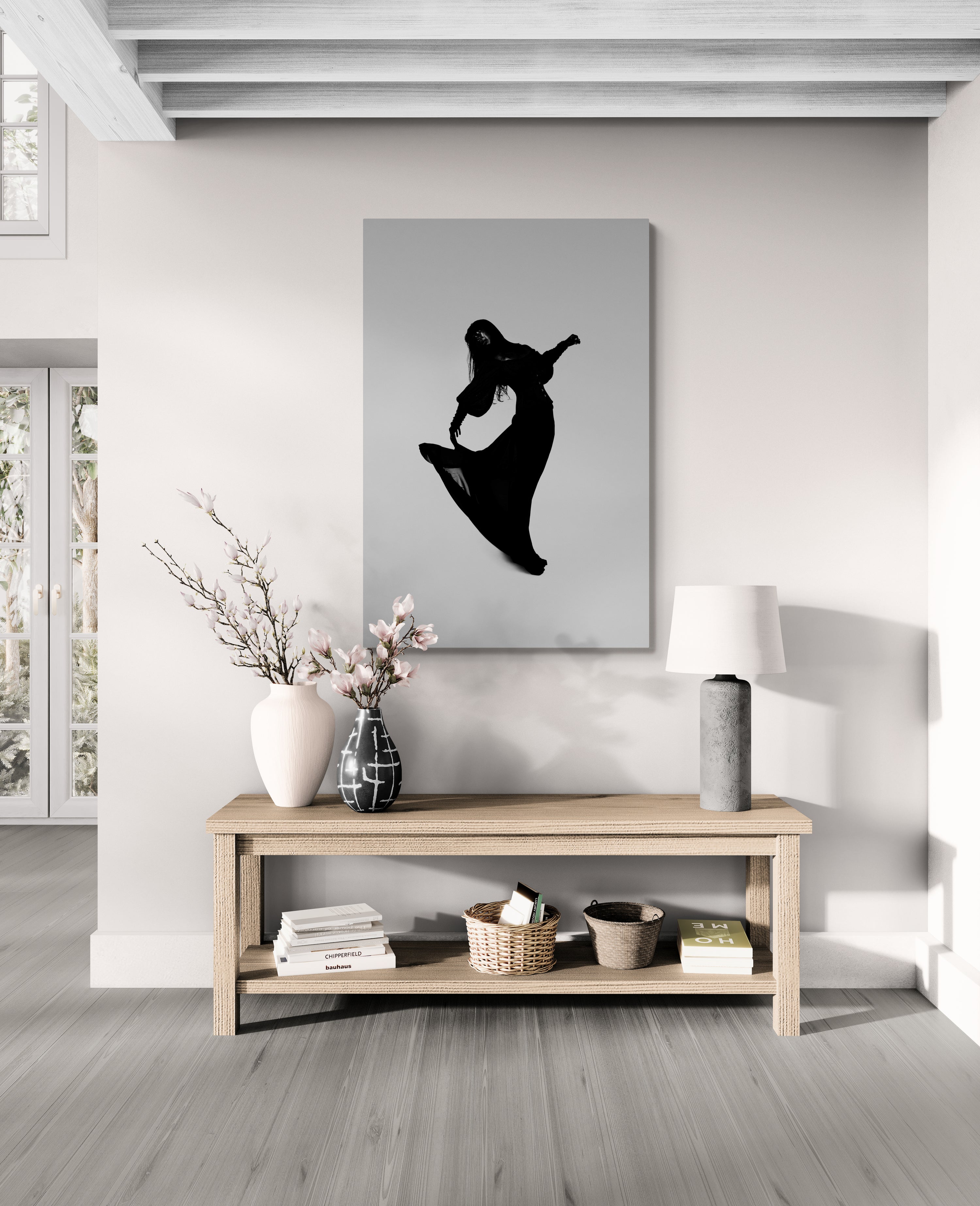 Fabric traces an ascending arc in dramatic monochrome; framed wall mock-up for bold interior statements, boutique hotels, and curated corporate spaces.