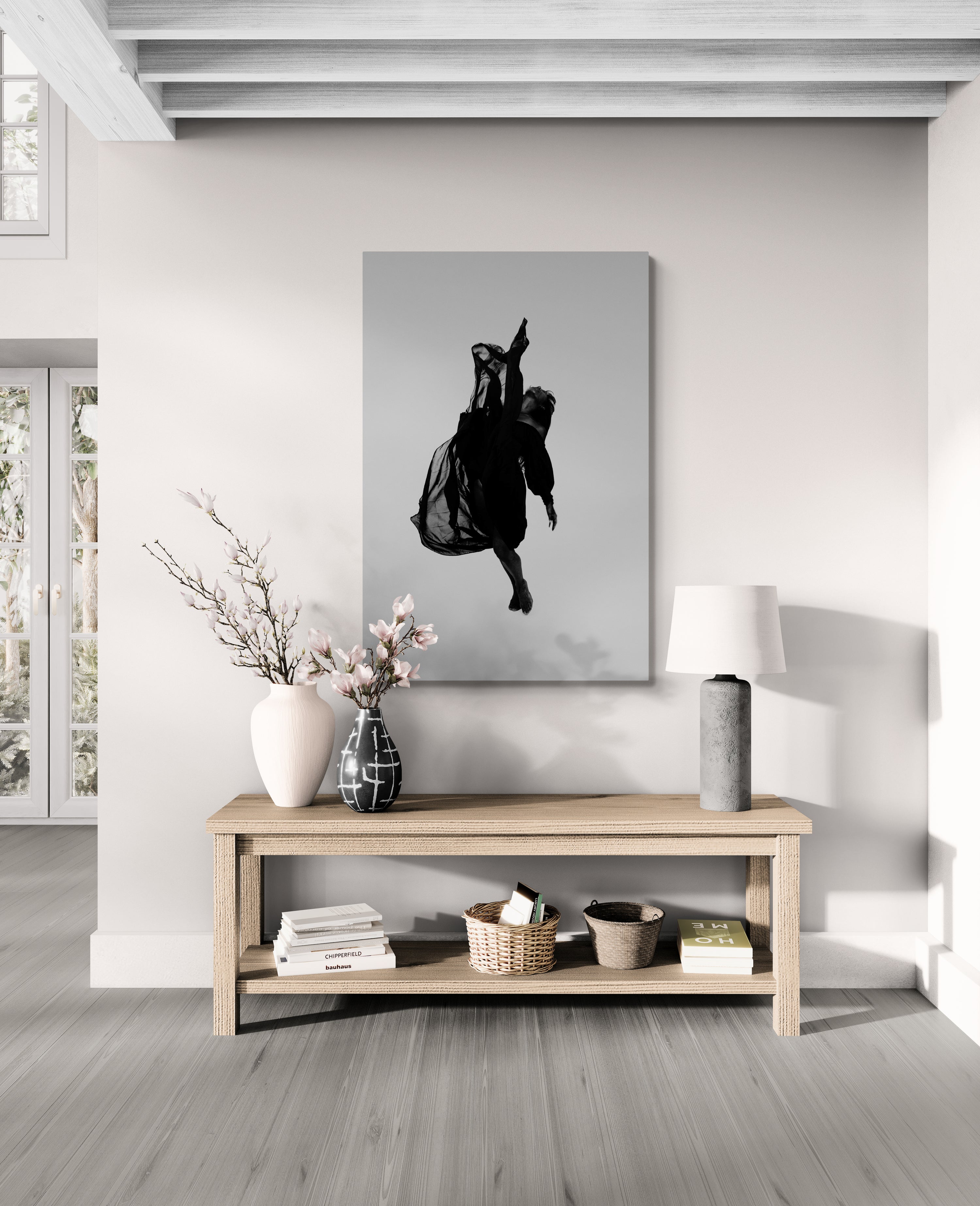 High ascent framed by billowing cloth; museum-grade print styled as wall art for contemporary luxury interiors and curated installations.