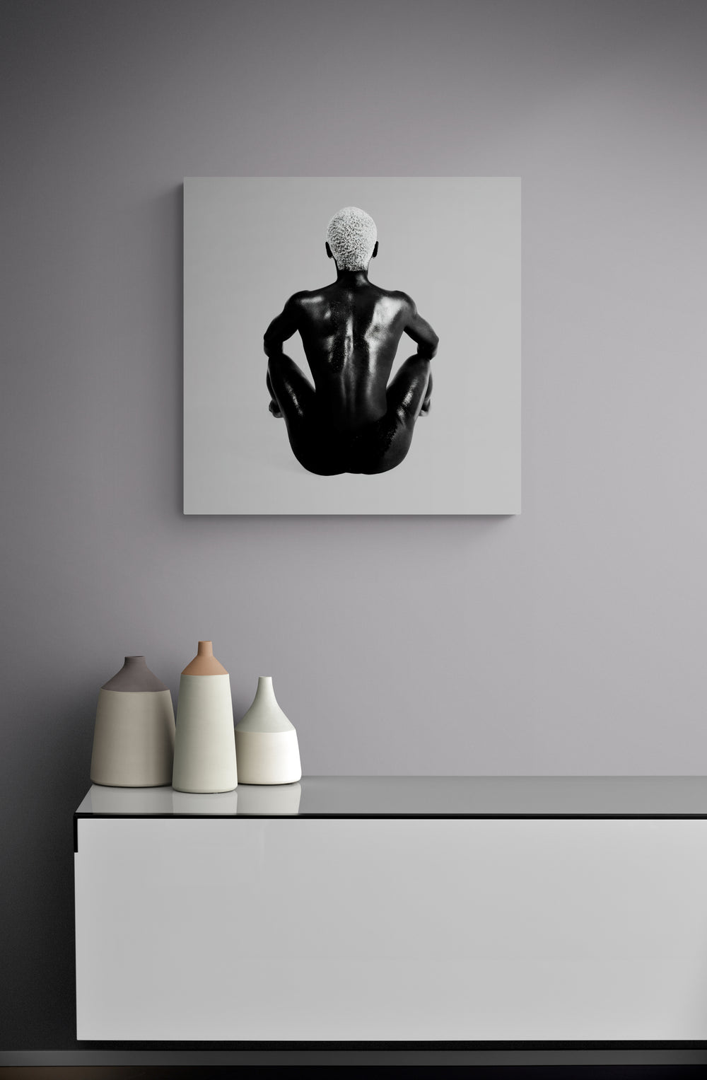Overhead composition centered on the spine’s axis, shown framed on a neutral wall; limited edition fine-art photograph for minimalist and architectural interiors.