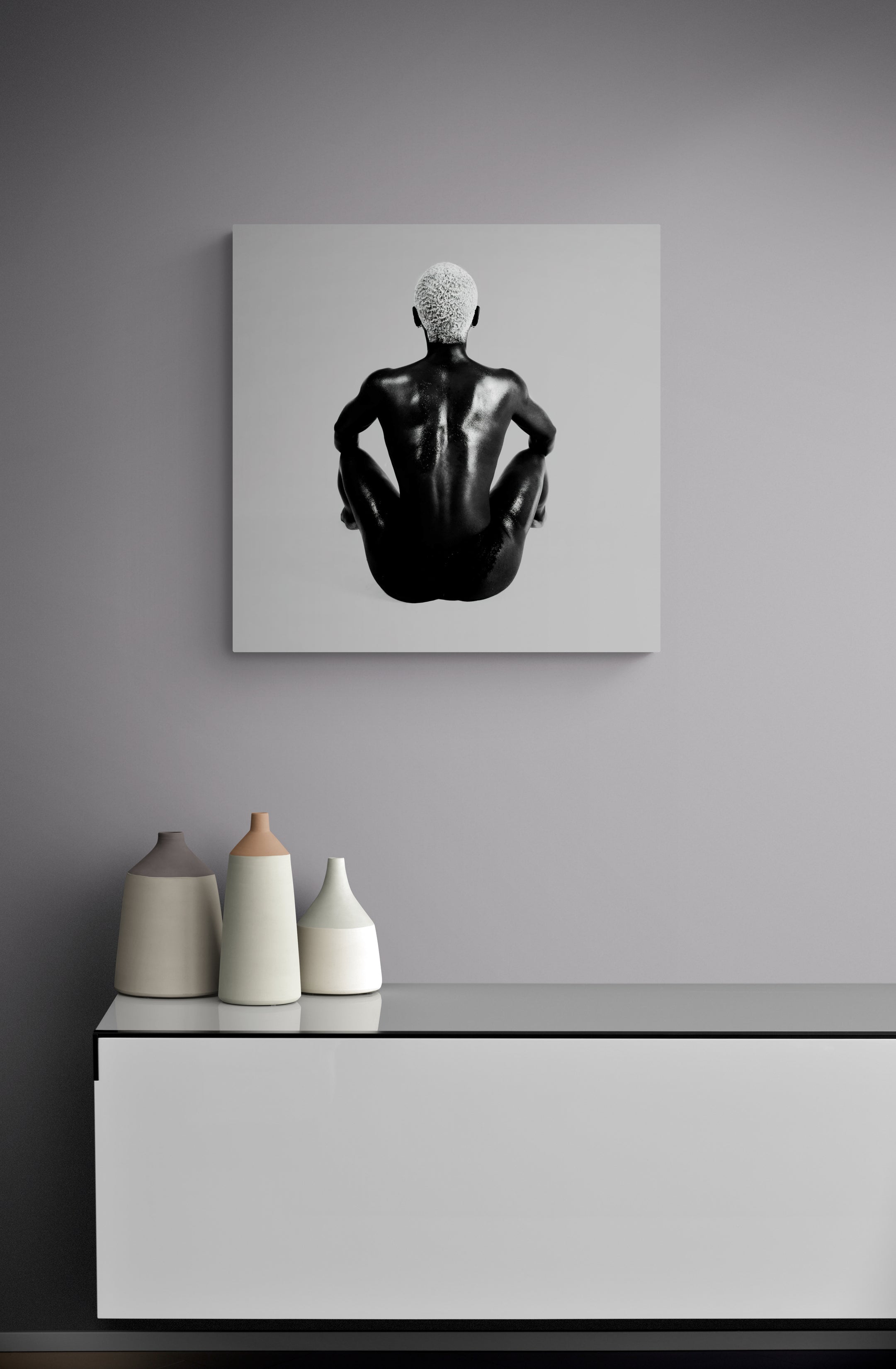 Overhead composition centered on the spine’s axis, shown framed on a neutral wall; limited edition fine-art photograph for minimalist and architectural interiors.