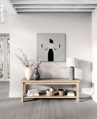 Front-facing figure with raised hands, axis steady; museum-quality print displayed on wall for modern minimalist decor and design-led projects.