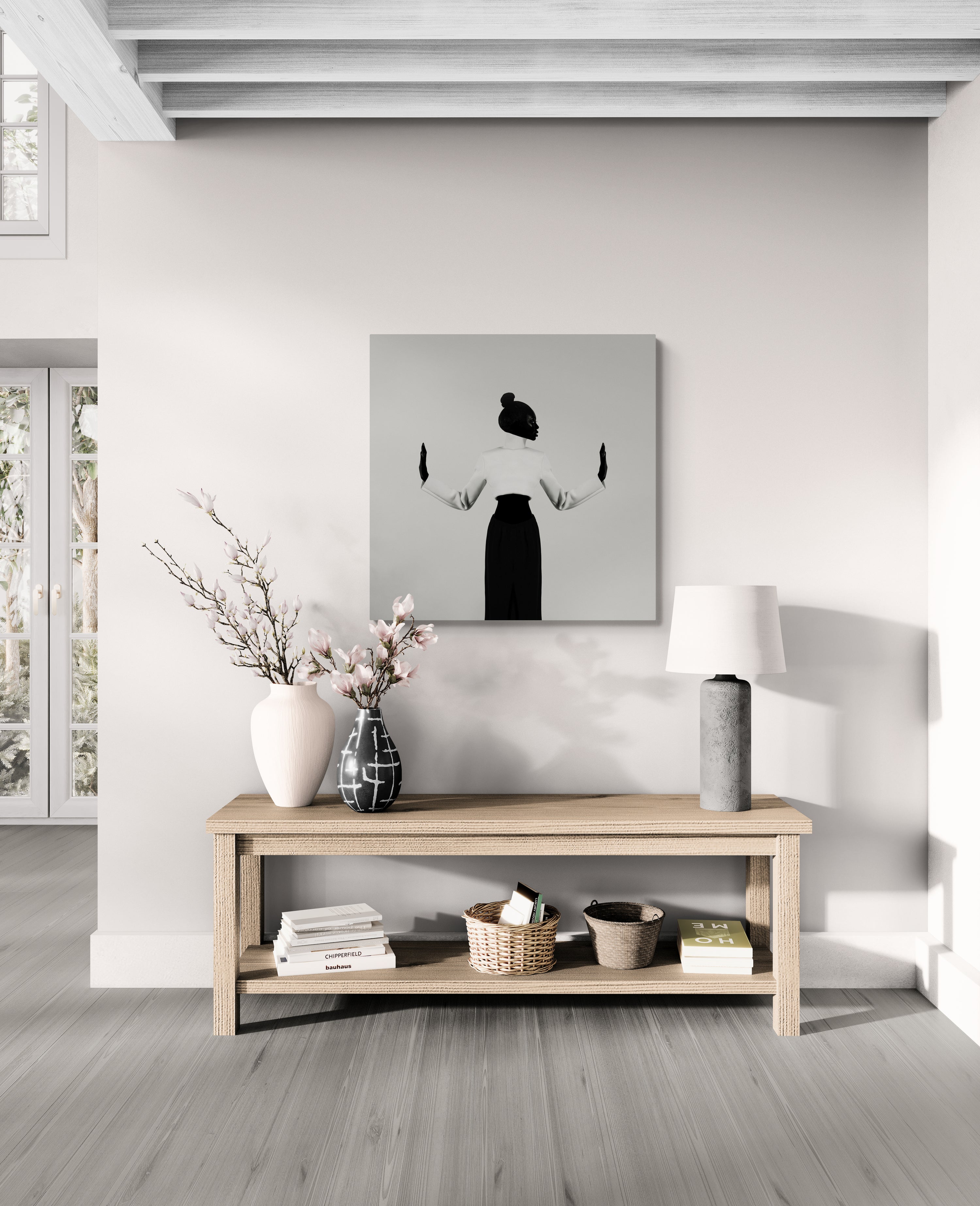 Front-facing figure with raised hands, axis steady; museum-quality print displayed on wall for modern minimalist decor and design-led projects.