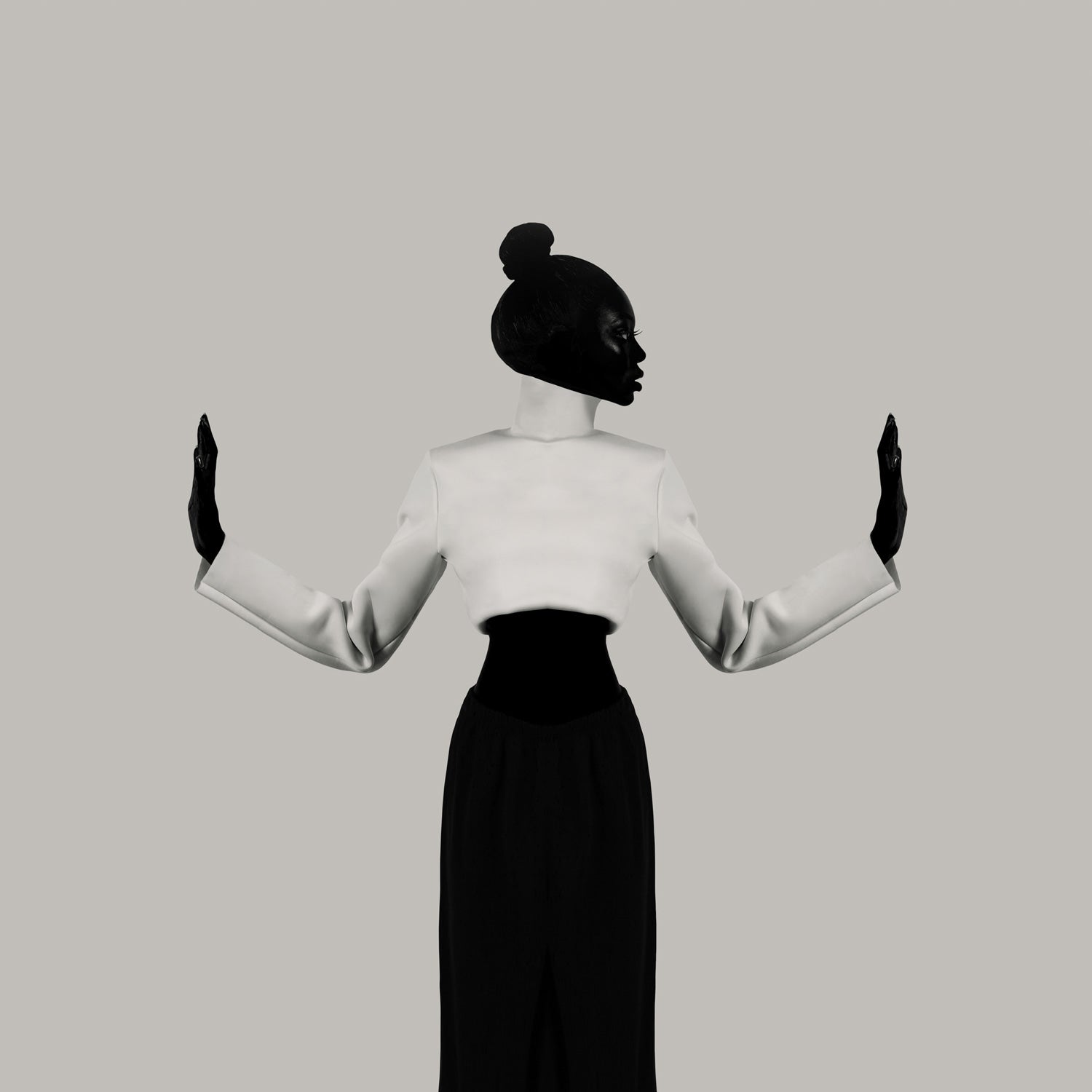Front-facing figure with raised hands; shoulders bracket the phrase, axis steady, gestures legible.