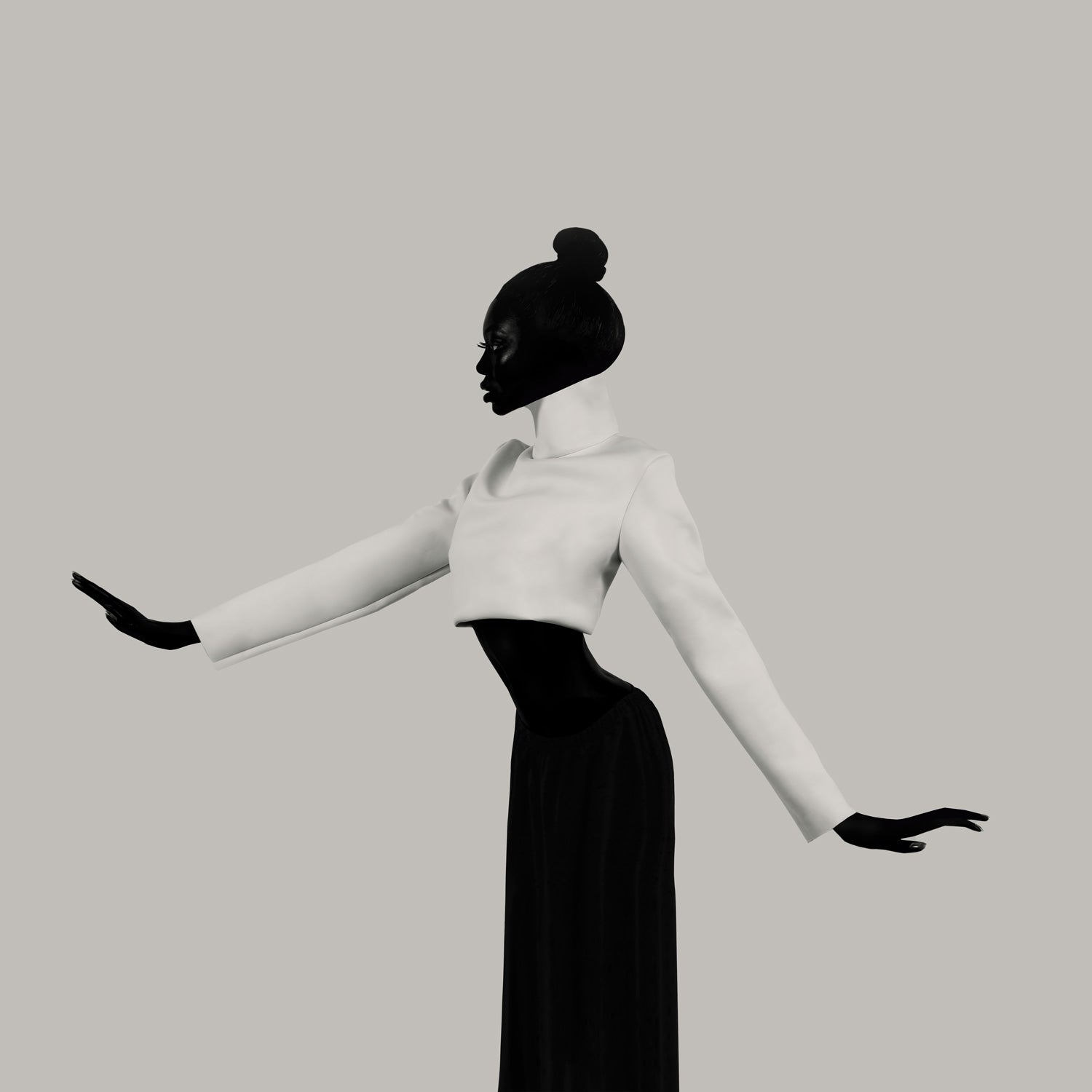 Outward arm sweep punctuates the line; the elbow articulates a crisp end-stroke in monochrome.