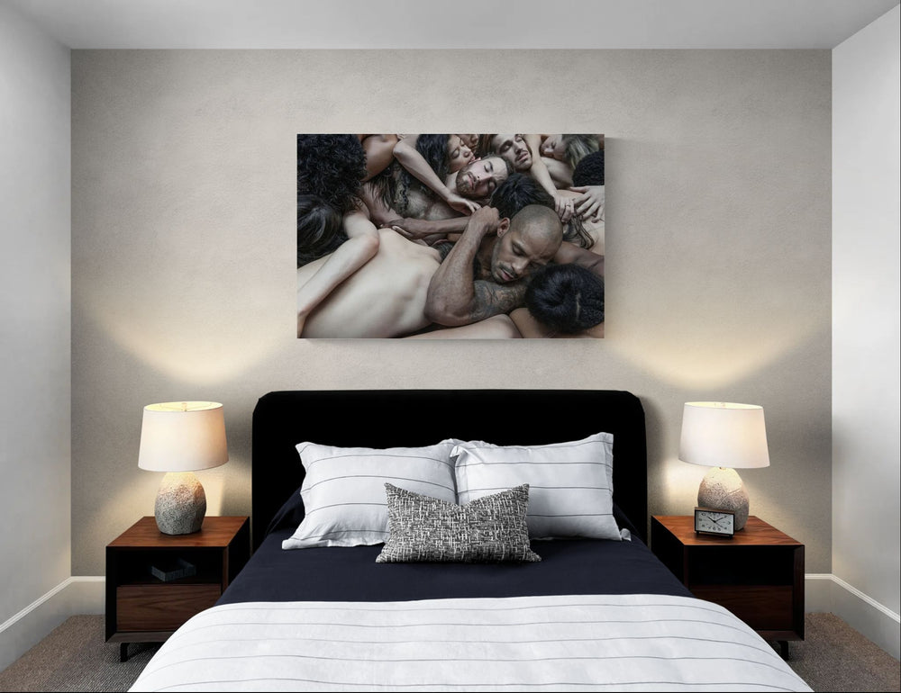Bedroom wall with Nir Arieli Cedar Lake Contemporary Ballet archival pigment print 120×80 cm above bed, side tables with lamps.