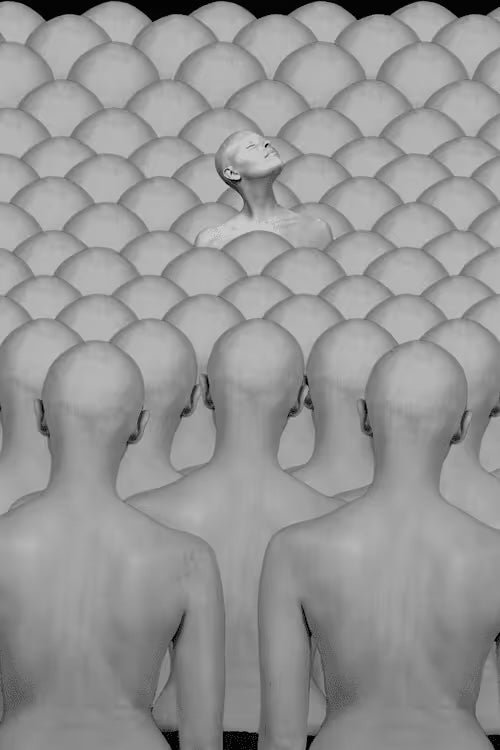 Black and white illustration of a woman peeking out from a sea of bald women.