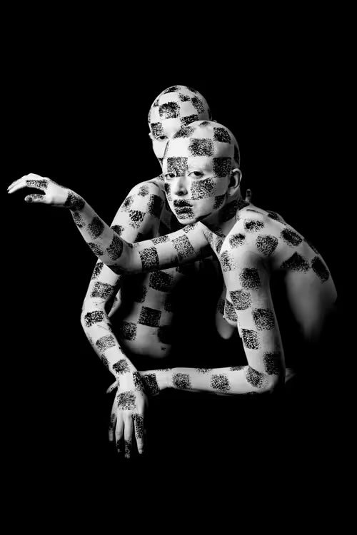 Monochrome fine art portrait by Rani Bruchstein exploring movement, stillness, and form — part of the Performative Portraits series curated by Dance Artworks Gallery.