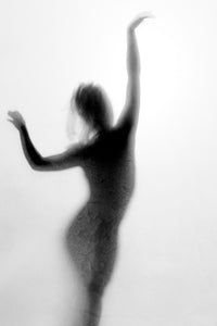 Center print from the Silhouette Triptych—raised arms at the axis, minimalist black-and-white dance photograph; available print mounted on aluminium Dibond and presented in a black tray frame; limited edition.