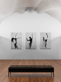Museum wall mock-up showing Cédric Brion’s black-and-white Silhouette Triptych—three framed Dibond prints, curated as premium fine-art wall art.