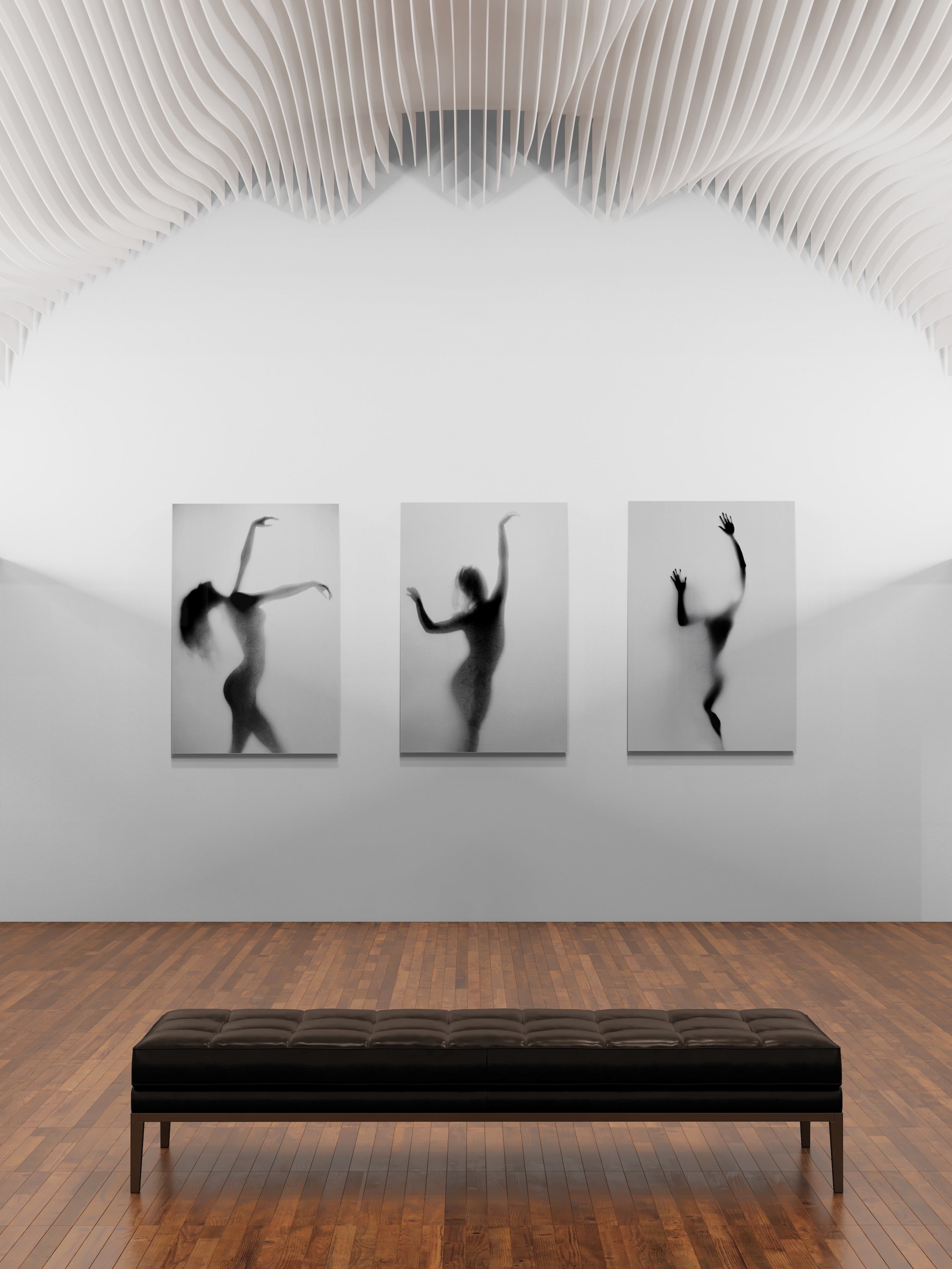 Museum wall mock-up showing Cédric Brion’s black-and-white Silhouette Triptych—three framed Dibond prints, curated as premium fine-art wall art.