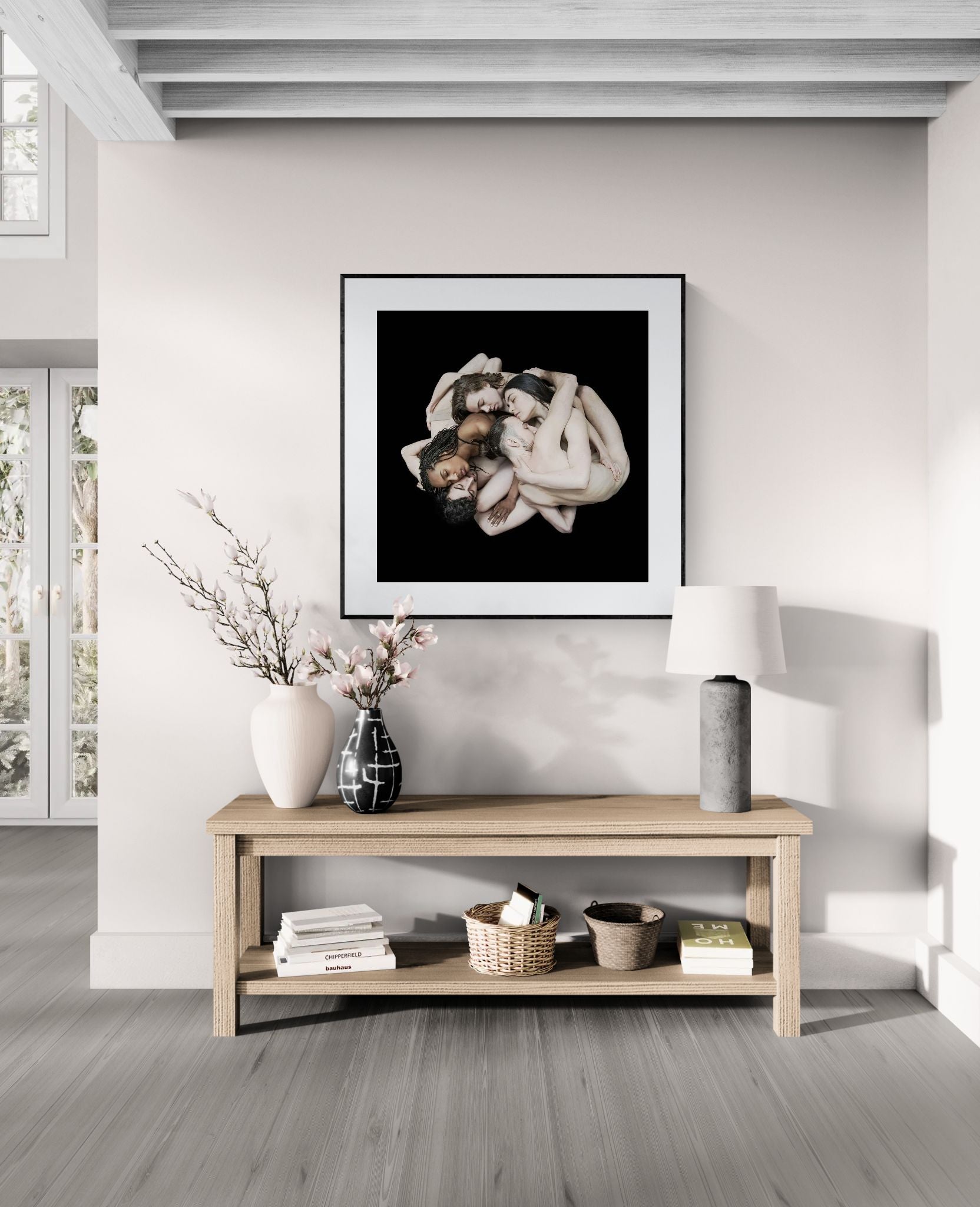 Mock-up showing the UNA Projects limited edition fine art print by Nir Arieli from the FLOCKS series displayed in a modern minimalist interior, framed and hung above a console table.