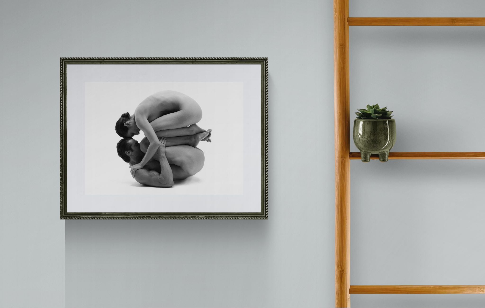 Framed artwork of a person wrapped in fabric on a wall with a wooden shelf and plant.