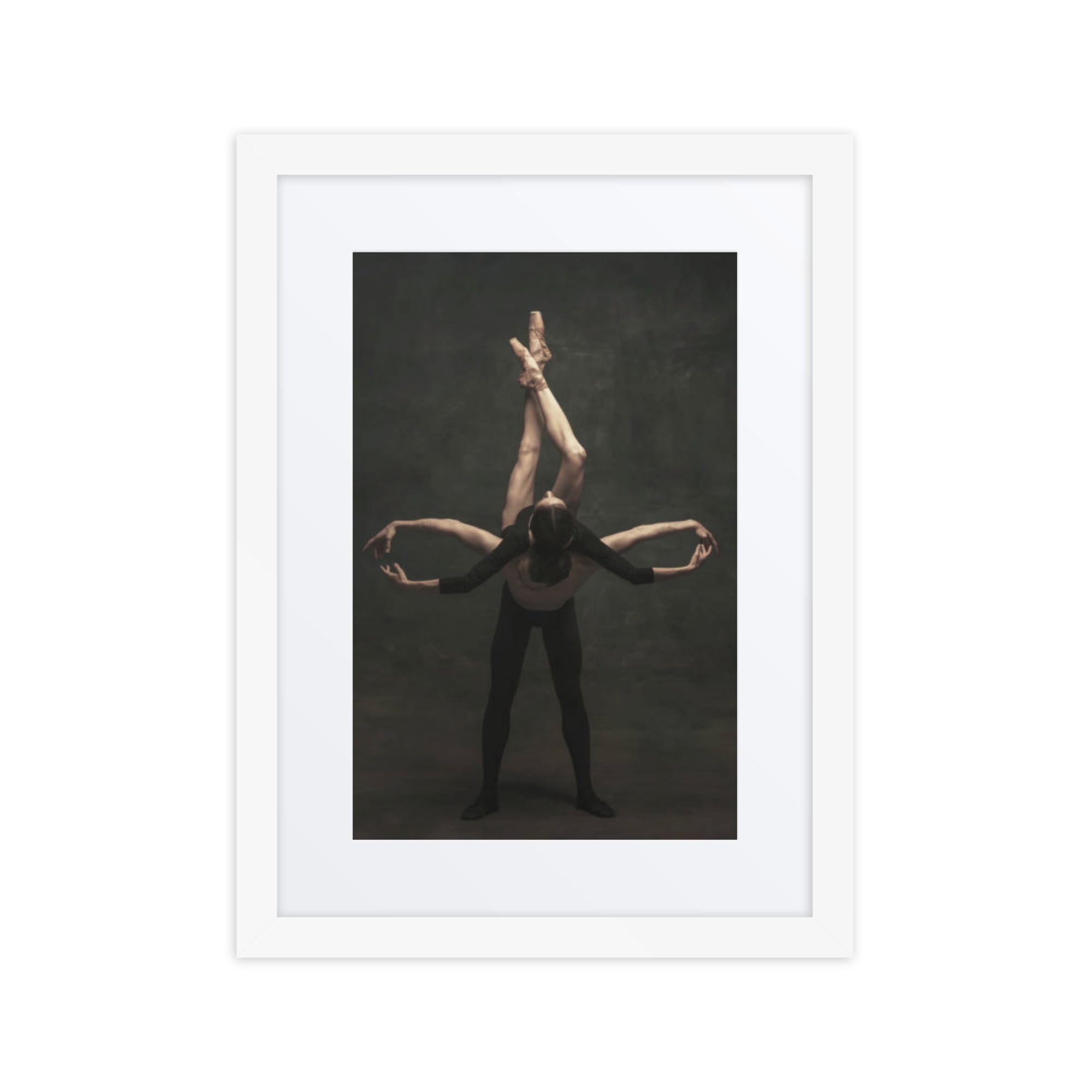 A dynamic and artistic portrayal of two dancers in a vertical pose, highlighting balance, strength, and synchronized elegance.