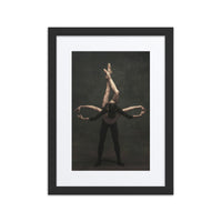 A dynamic and artistic portrayal of two dancers in a vertical pose, highlighting balance, strength, and synchronized elegance.