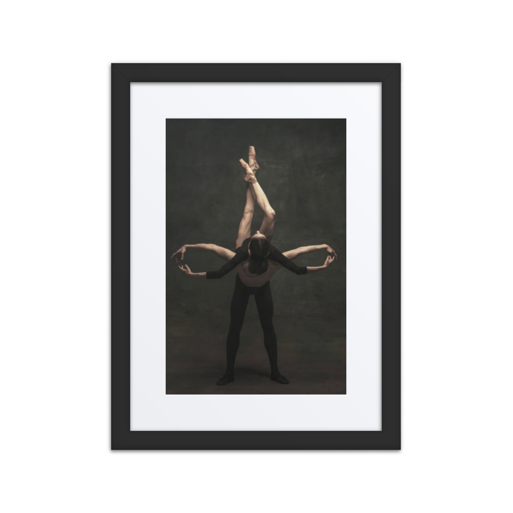 A dynamic and artistic portrayal of two dancers in a vertical pose, highlighting balance, strength, and synchronized elegance.