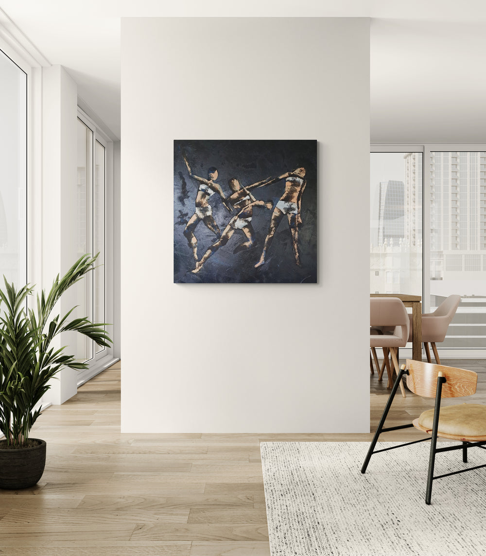 Abstract painting of three figures on a wall in a modern interior setting.