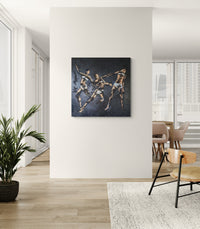 Abstract painting of three figures on a wall in a modern interior setting.
