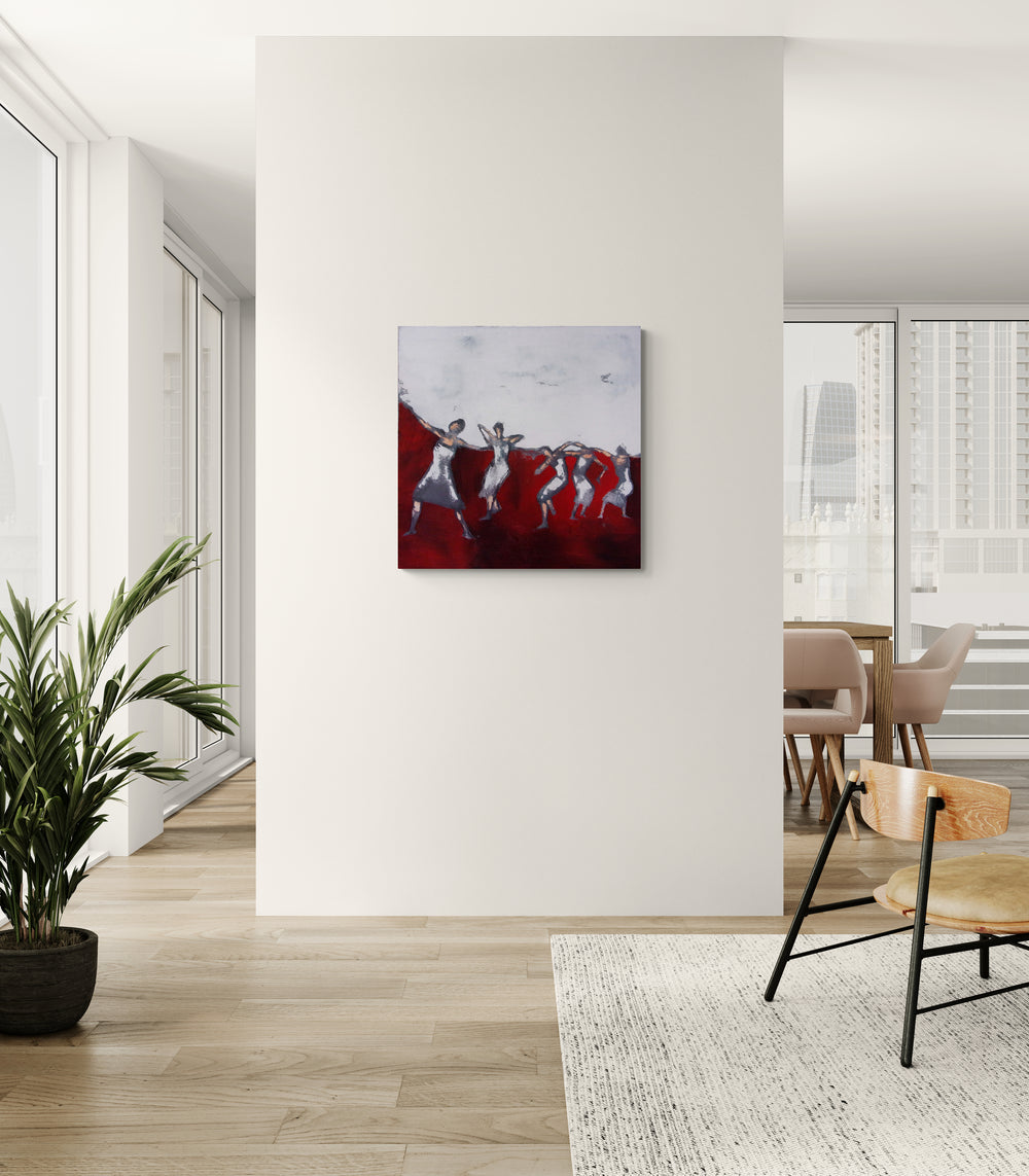 Abstract painting on a wall in a modern interior setting with a plant and furniture.