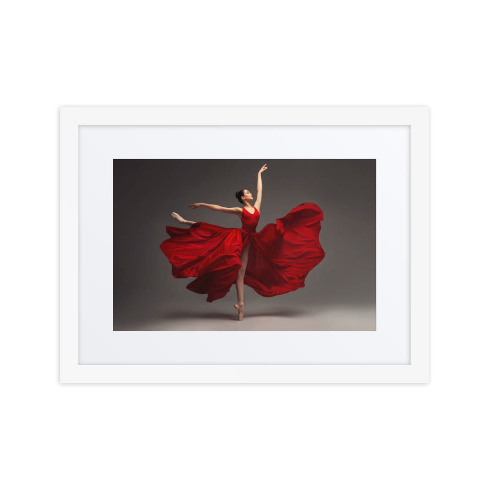 A captivating photograph of a ballerina in motion wearing a flowing red dress, exuding grace and poise as she performs on pointe against a minimalist backdrop.