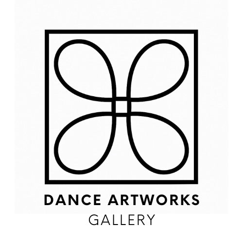 Logo of Dance Artworks Gallery with a black geometric design on a white background