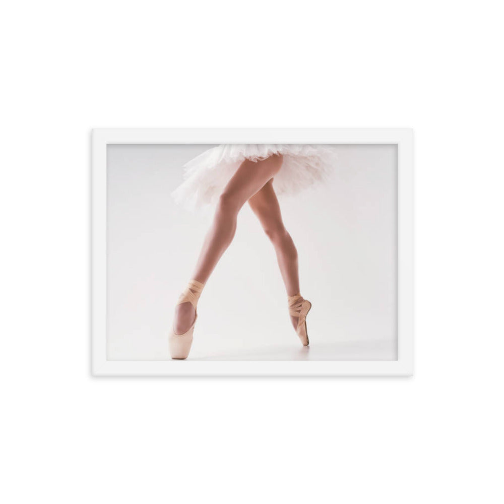 A graceful close-up photograph of a ballerina's legs en pointe, showcasing the precision and strength of classical ballet with a delicate tutu in soft focus above.