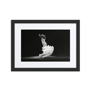 A dramatic black-and-white photograph of a Flamenco dancer captured mid-spin, her flowing dress radiating elegance and energy.